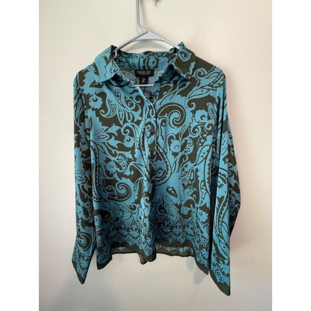 Rachel Zoe Womens Turquoise Green Paisley Button Down Blouse Size Medium LS